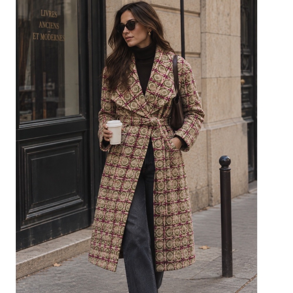 Anthropologie Elevenses Uncommon Journey Wool Belted Coat Green Plaid Size 8 Y2K